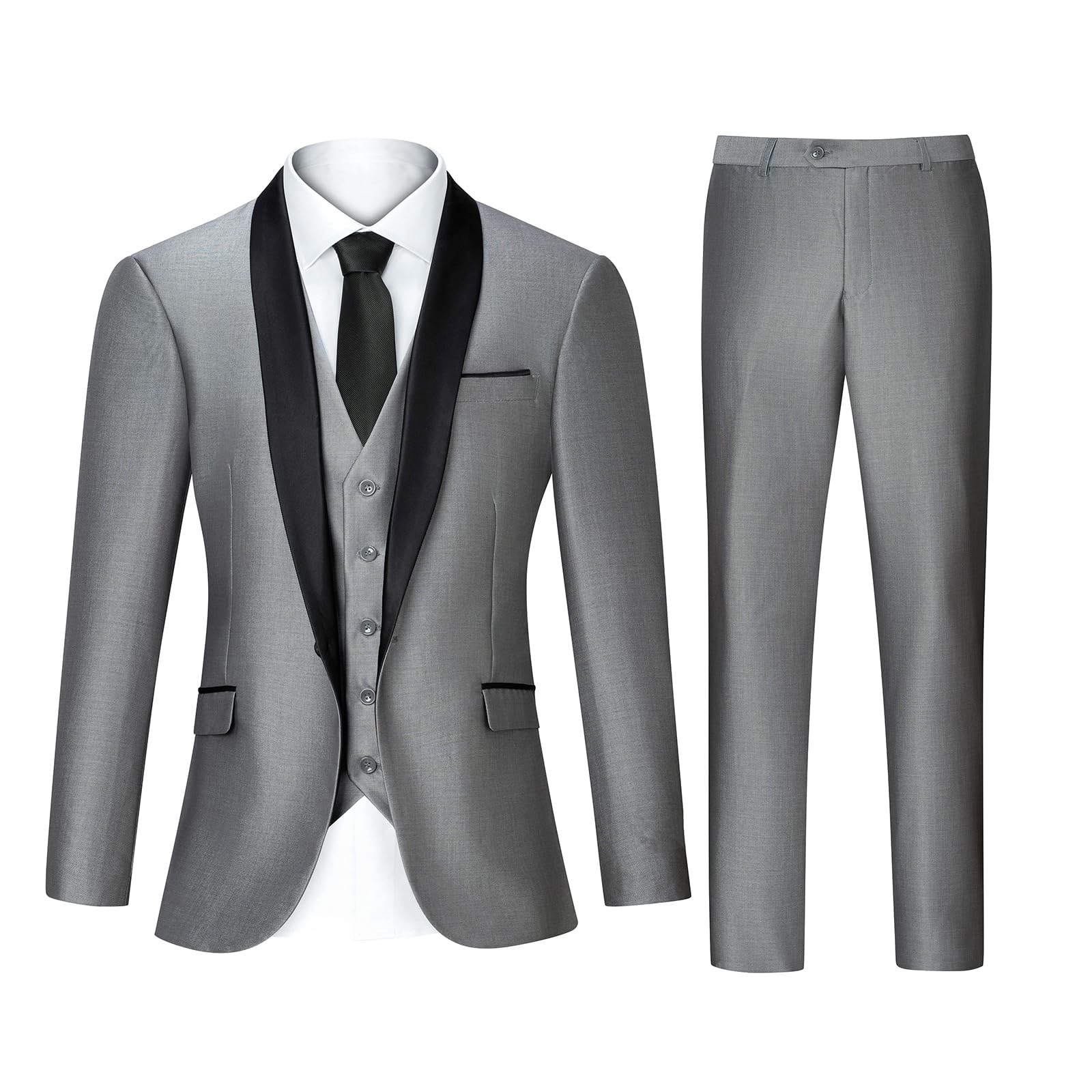 Photo 1 of Men's Suit 3 Piece Slim Fit Suits for Men, One Button Solid Shawl Lapel Blazer Jacket Vest Pants Set for Party Wedding Silver