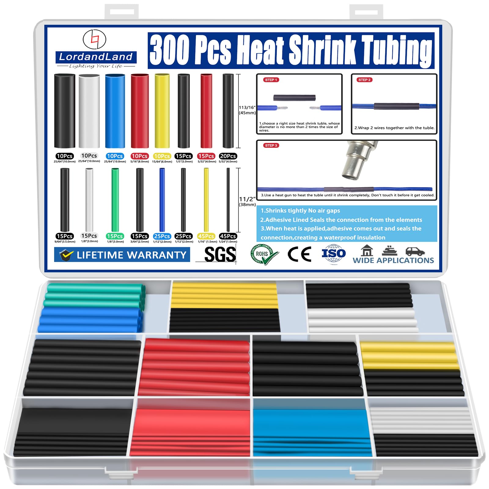 Photo 1 of 300PCS Heat Shrink Tubing 2:1 6 Colors 11 Sizes Electrical Wire Cable Wrap Assortment Electric Insulation Heat Shrink Tube Kit with Box(6 colors/11 Sizes), Black, Red, Blue, Yellow, Green