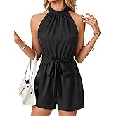 LYANER Women's Halter Neck Tie Waist Dressy Sleeveless Jumpsuit Short Rompers