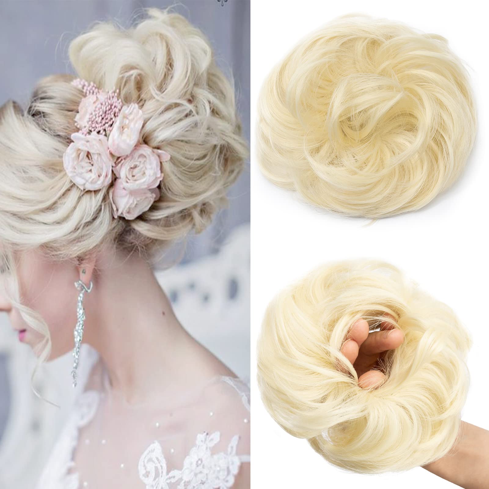 Messy Hair Bun Extensions Curly Hair Scrunchies for Women Girls Synthetic Donut Updo Hair Pieces Wavy Ponytail Hair Chignons (Bleach Blonde)