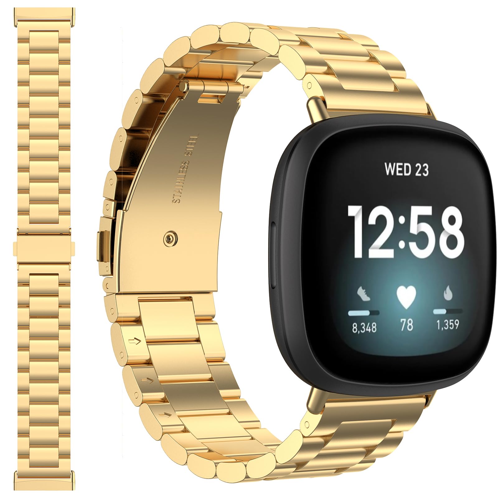 Miimall Metal Strap Compatible with Fitbit Versa 4/Fitbit Versa 3/Fitbit Sense 2/Fitbit Sense, Stainless Steel Band with Folding Clasp, Adjustable Replacement Bracelet Wristband, Gold