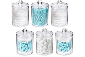 WEISHI 6 Pack Qtip Holder Dispenser -Cotton Ball, Swab, Round Pads, Floss , Small Clear Plastic Apothecary Jar Containers with Lids for Bathroom Storage and Organization, Vanity Organizer