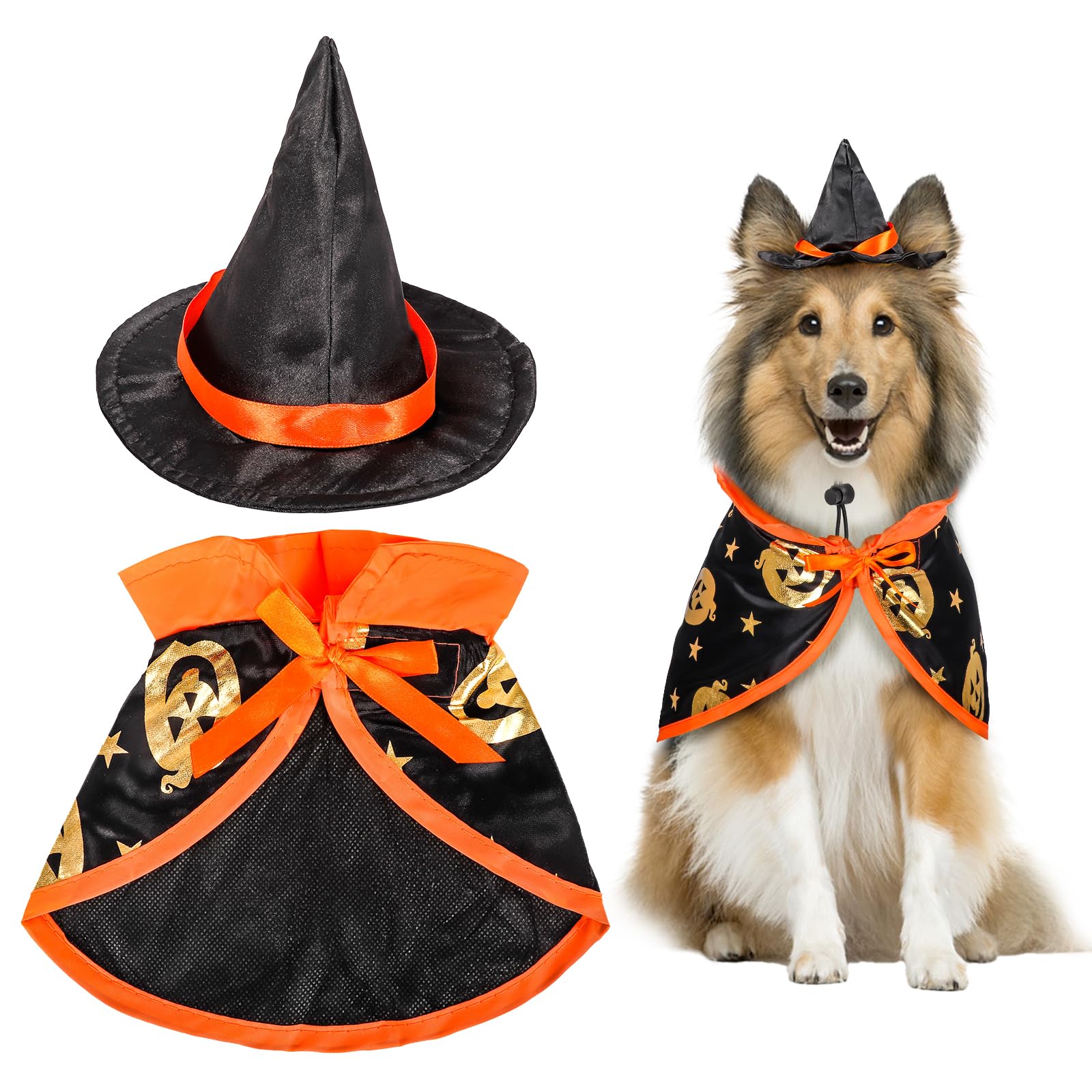 Pet Wizard Costume Cape With Adjustable Witch Hat for Small Medium Dogs Cats - Halloween Christmas Outfits (Orange, S)