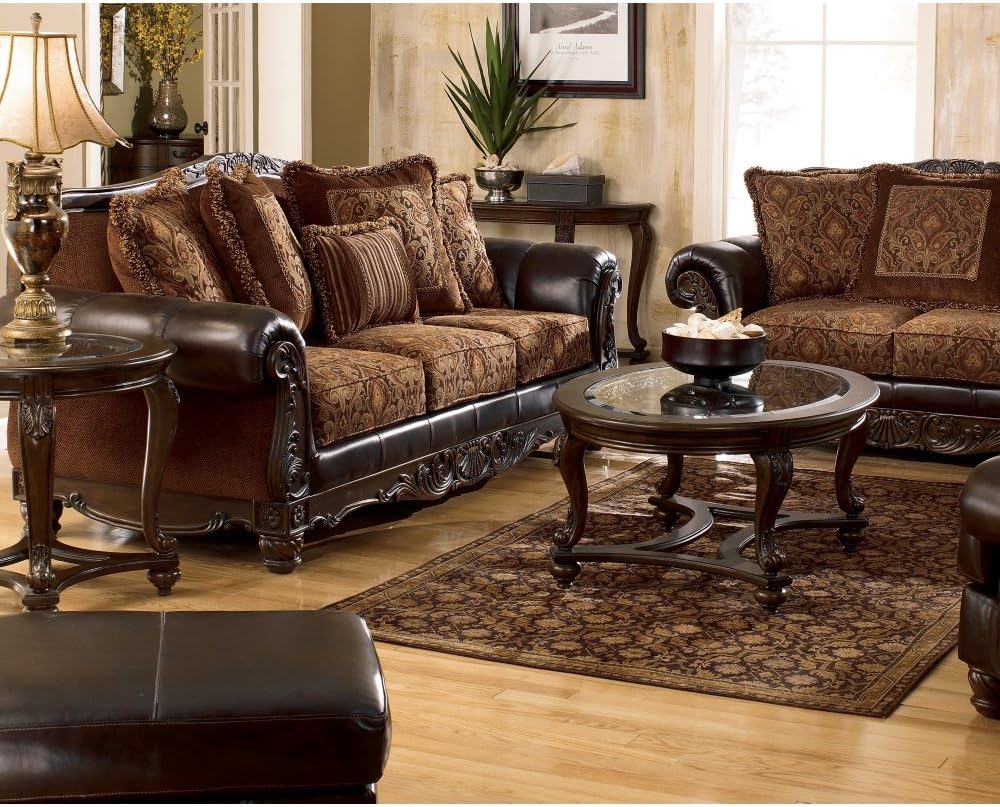 Signature Design by Ashley - Norcastle Traditional Glass Top Oval Coffee Table, Dark Brown - Table & Chair Sets