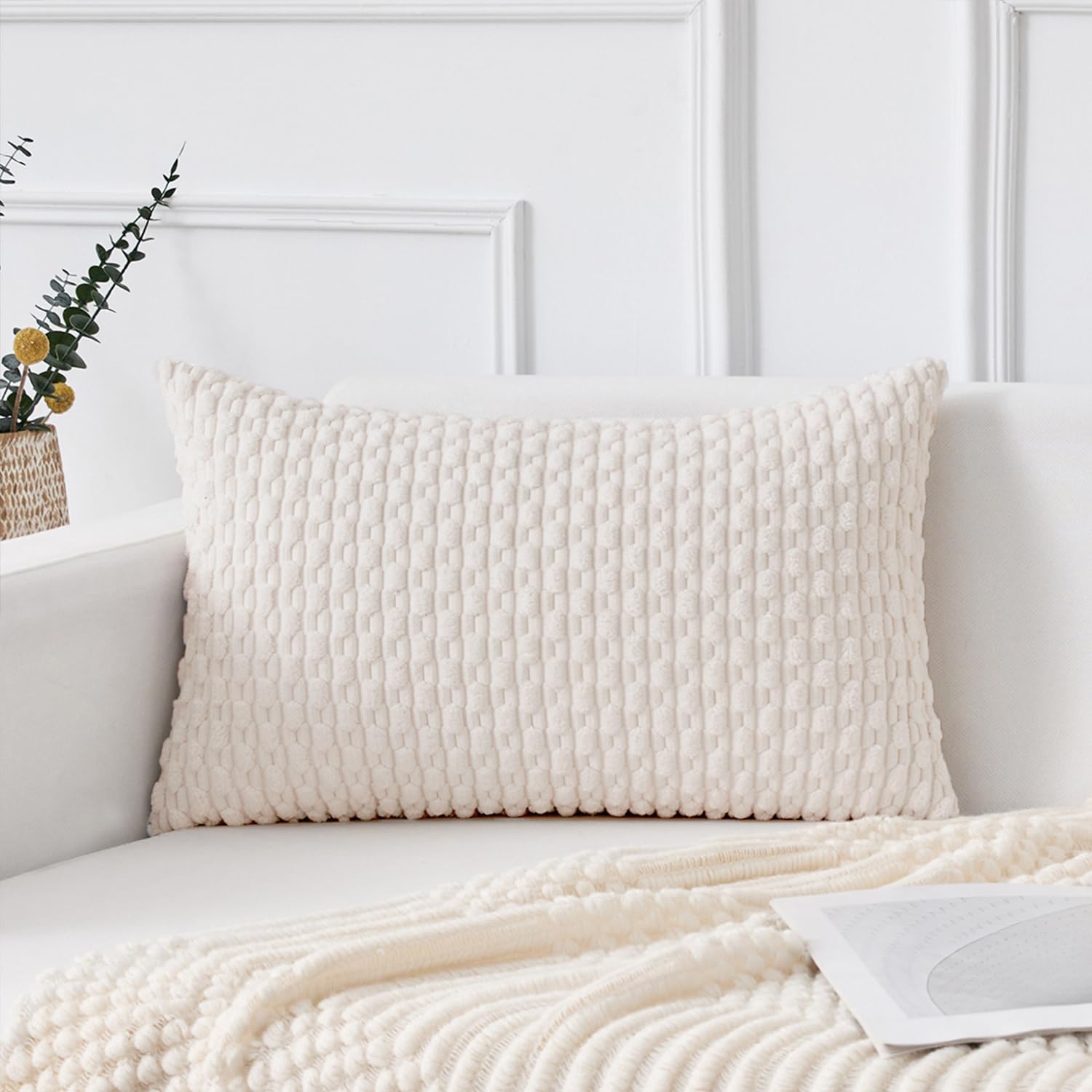 Kevin Textile 12x24 Inch Pillow Cover 1 Pack Boho Christmas Decorative Soft Striped Corduroy Lumbar Farmhouse Color Accent Rectangle Cushion Case for Living Room Couch Sofa Bed, Pure White