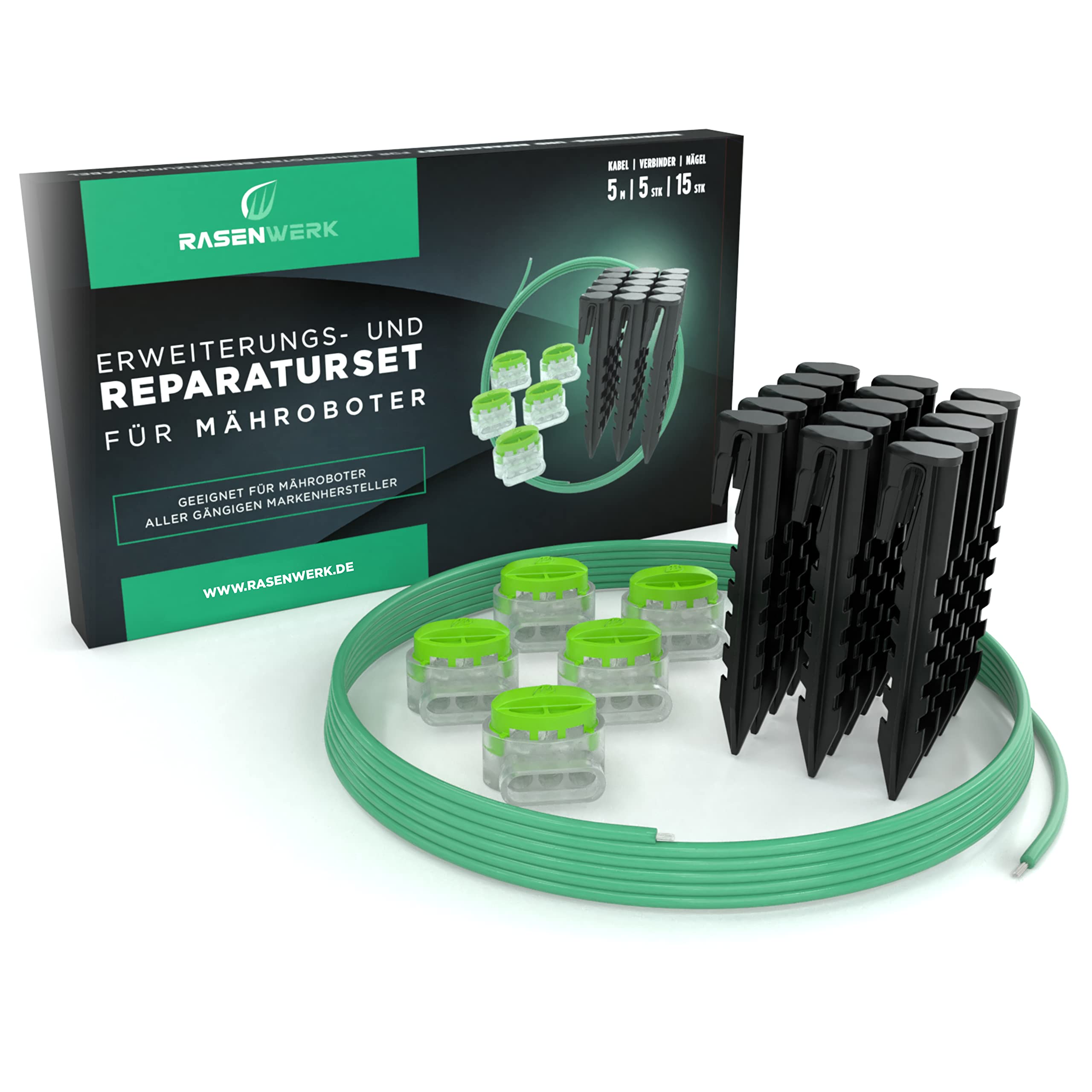 RASENWERK® Boundary Wire Repair Set for Automatic Mower - 15 pegs with Patented Design - 5 Connecting Clamps with Waterproof Gel Filling - 5 m Universal Boundary Wire for Automatic Mower