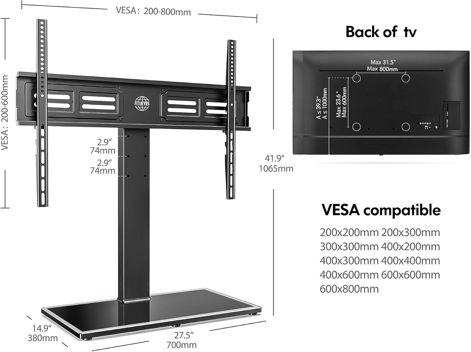 FITUEYES Universal TV Stand/Base Swivel Tabletop TV Stand with Mount for 50 to 85 inch Flat Screen TV 100 Degree Swivel, 4 Level Height Adjustable,Tempered Glass Base,Holds up to 143 lbs Screens.: Electronics