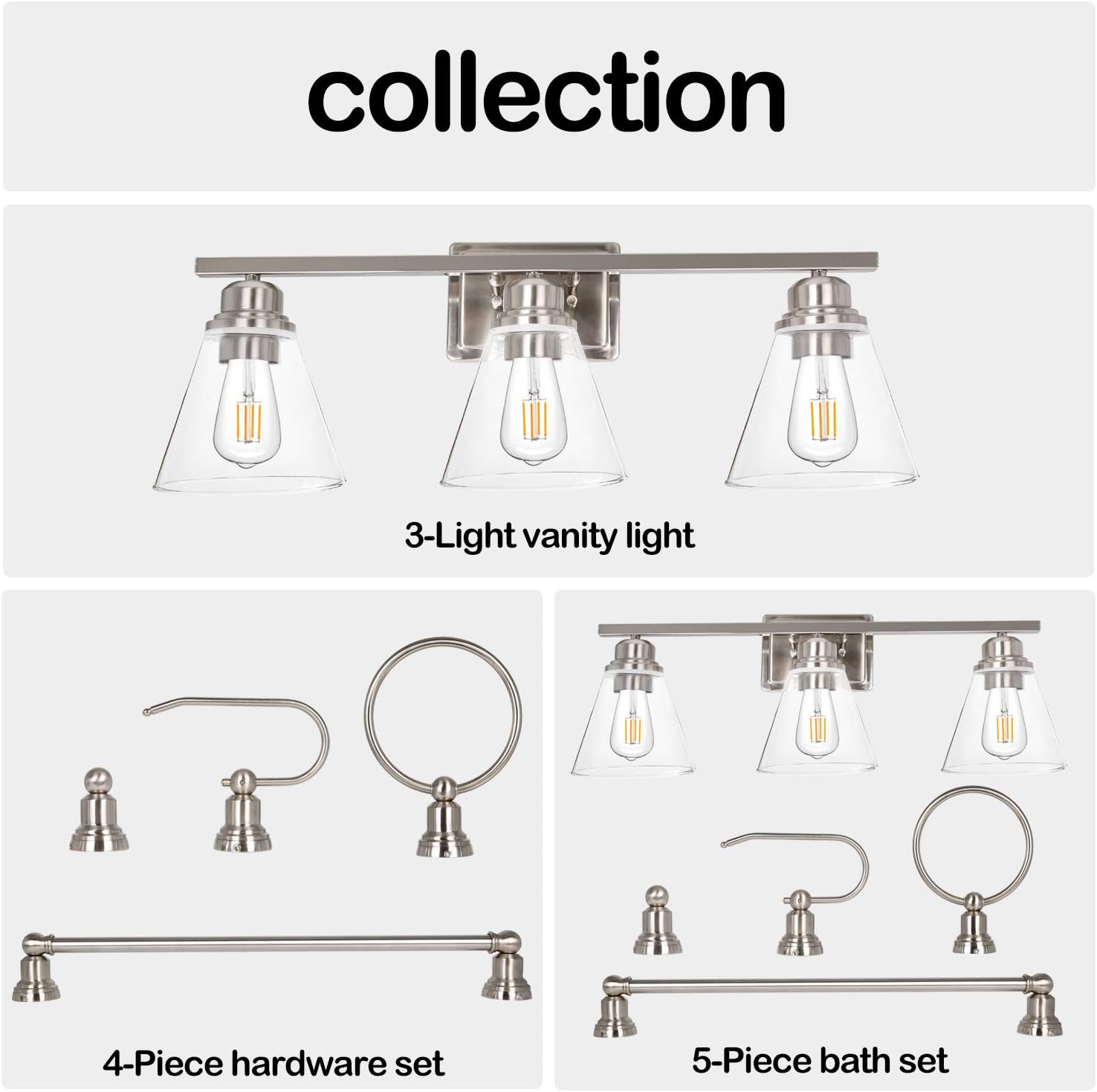 3-Light Vanity Light Fixture, 5-Piece All-in-One Bathroom Set (Led Edison Bulbs as Bonus), Brushed Nickel Wall Sconce Lighting with Glass Shads, ETL Listed - - 