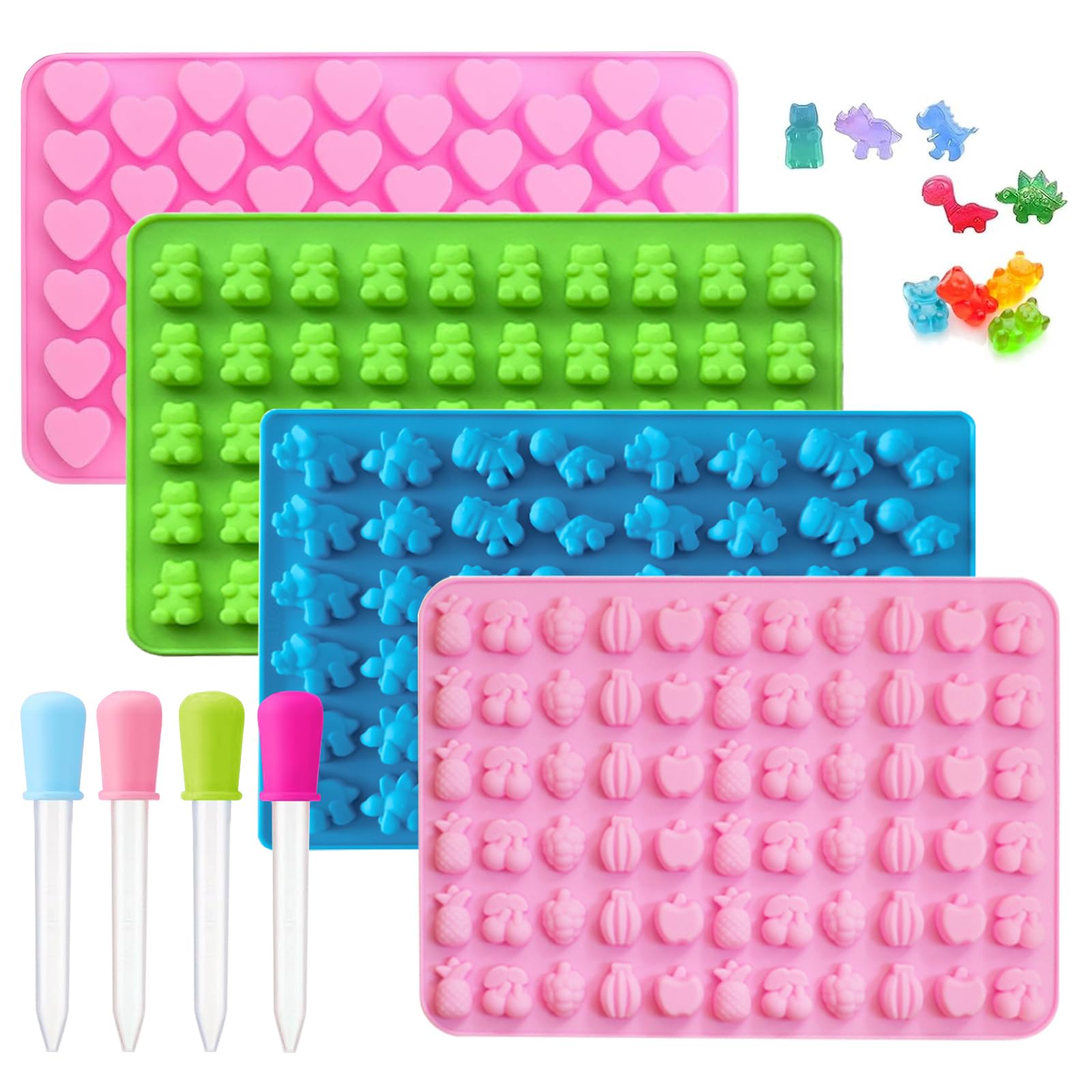 Silicone Gummy Candy Molds, 4Pcs Chocolate Moulds with 4 Droppers, Candy Baking Mold, Including Gummy Bear, Rabbit, Donuts, Heart Shapes for DIY Candy Sweet Jelly