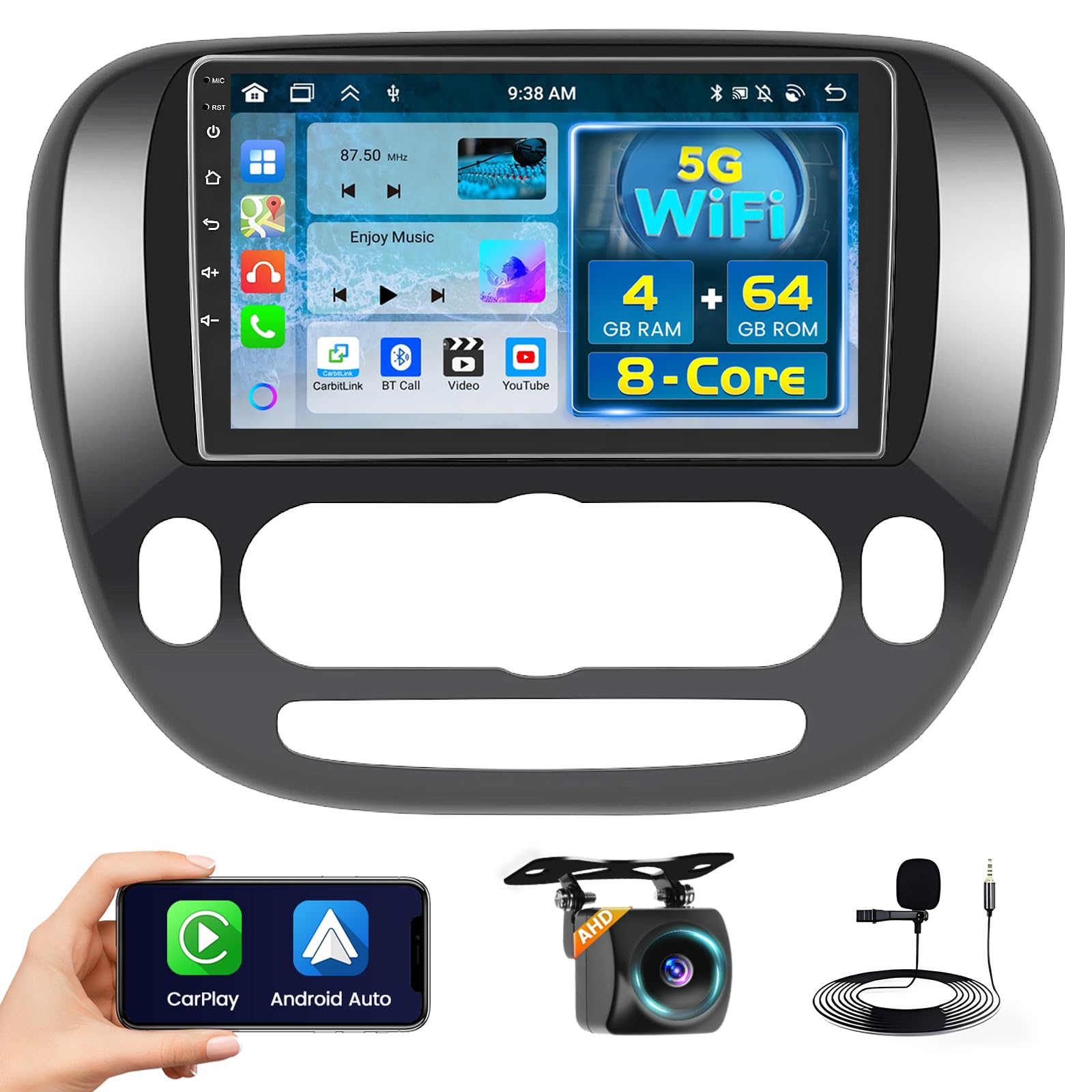 Photo 1 of 8 Core 4+64GB for Kia Soul 2014-2017 Android 15 Car Stereo Wireless Carplay Android Auto, 9'' Touchscreen Car Radio with GPS, WiFi, 32EQ DSP, 59 UI, Bluetooth, FM RDS, Backup Camera