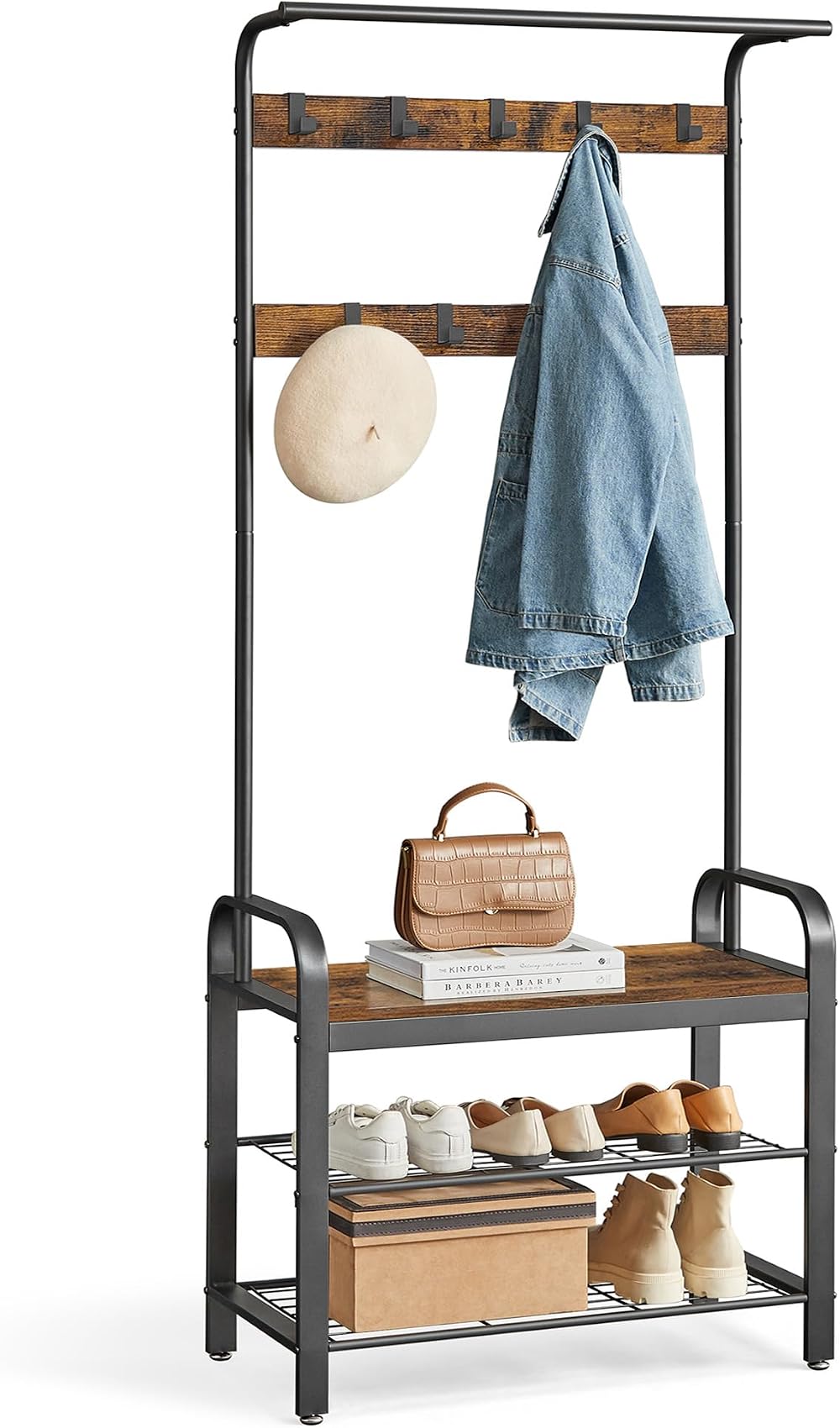 VASAGLE Coat Rack with Shoe Storage Bench 4 in 1 Industrial Rustic Brown