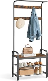 VASAGLE Coat Rack with Shoe Storage Bench 4 in 1 Industrial Rustic Brown
