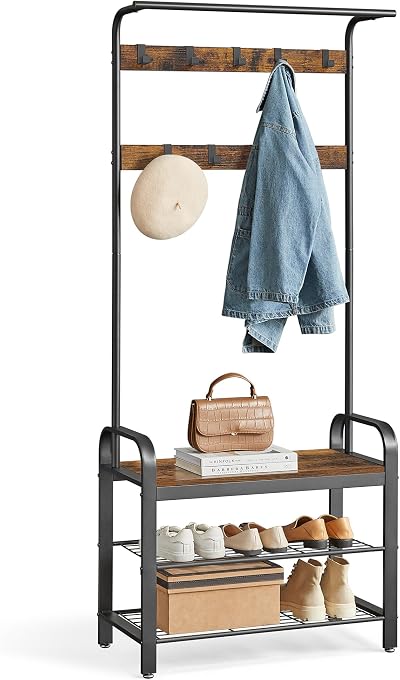 VASAGLE Coat Rack with Shoe Storage Bench 4 in 1 Industrial Rustic Brown
