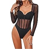SweatyRocks Women's Sheer Floral Lace Long Sleeve Bodysuit Tops Sweetheart Neck Jumpsuit