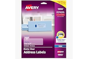 Avery Printable Address Labels, Sure Feed Technology, 1-1/3" x 4", Matte Clear, Permanent Adhesive, Inkjet Printable, 140 Blank Mailing Labels, Great Product Merchandising, Jars, and More (18662)