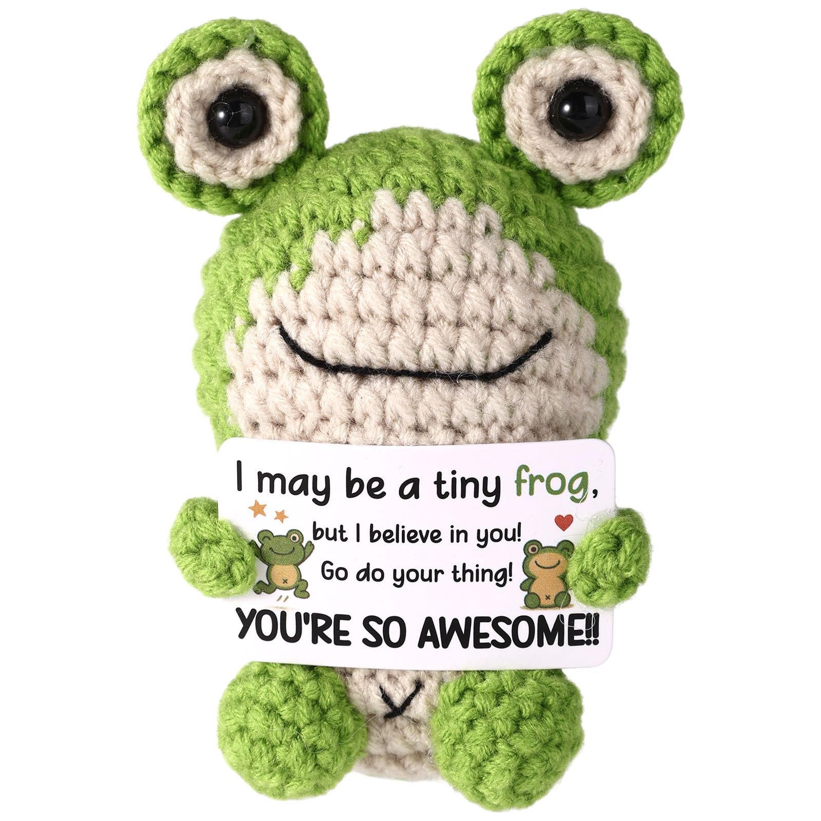 TOYMIS Crochet Frog, Handmade Mini Knitted Frog with Inspirational Card Cute Positive Animal Emotional Crochet Doll for Women Men Friends Coworkers Motivational Gift Plush Toy