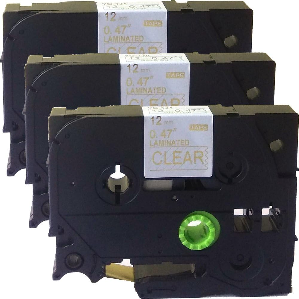 NEOUZA 3PK Compatible for Brother P-Touch Laminated TZe TZ Label Tape Cartridge 12mm x 8m (TZe-134 Gold on Clear)