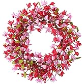 Bibelot Valentine's Day Wreath, 18 Inch Valentines Day Wreaths for Front Door, Romantic Pink & Red Heart Berry Forsythia Flowers for Wedding Anniversary Holiday Decorations