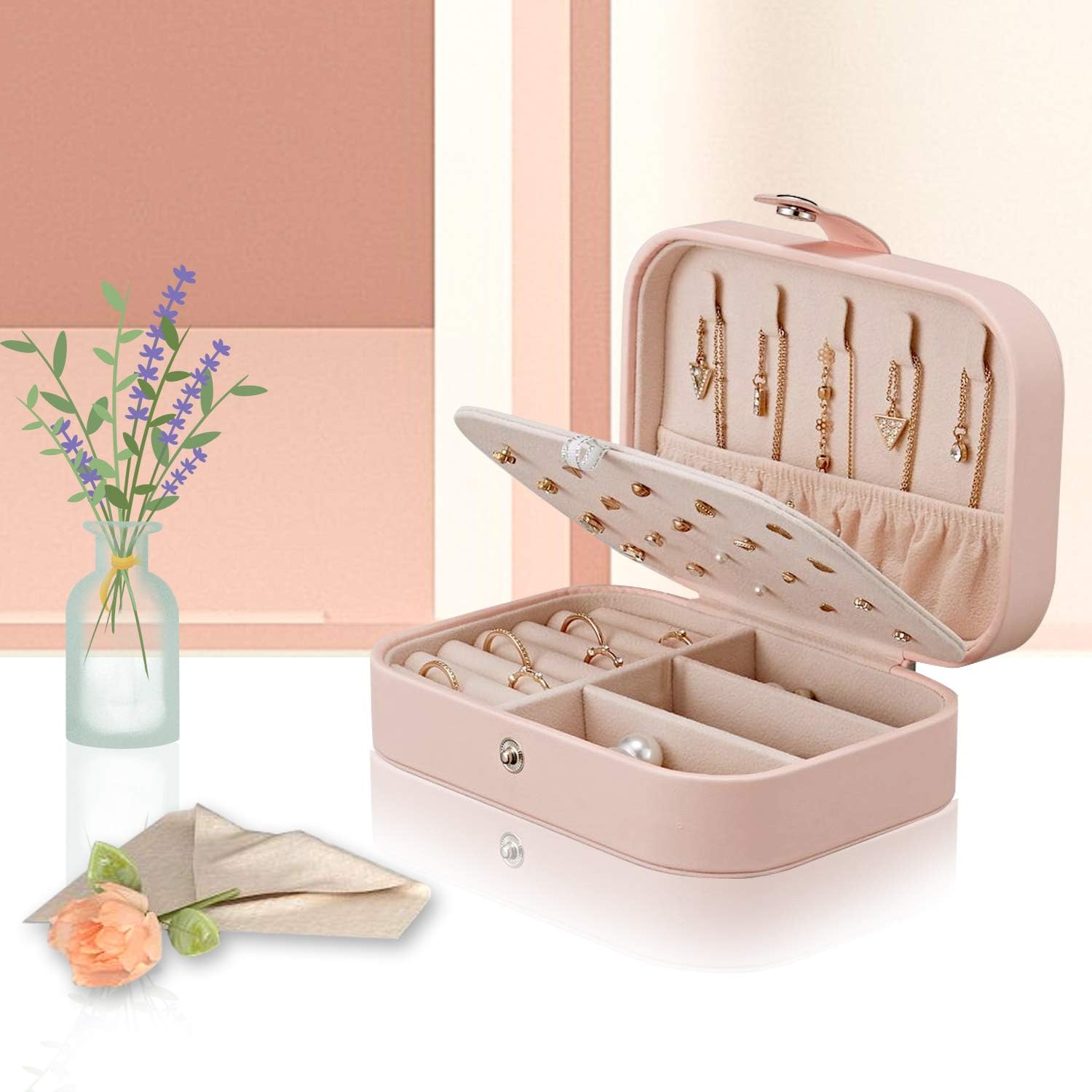Jewelry Box for Women, Portable Double-Layer Jewelry Storage Box, Earrings, Rings, Necklaces, Bracelets, PU Leather Compact Portable Jewelry Suitcase, Pink Jewelry Box: Home Improvement