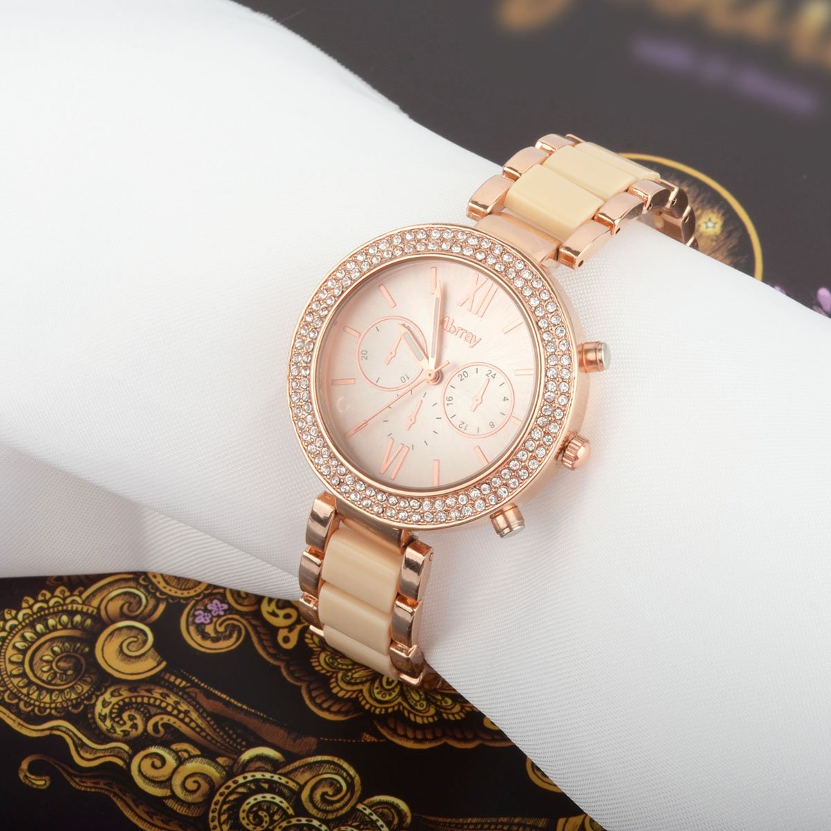 Oumosi Women\'s Swarovski Crystal Accented Gold-Tone and Pink Bracelet Wrist Watch