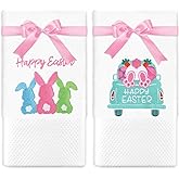 FYSUIMU 2Pcs Easter Hand Towels Bunny Cotton Embroidered Hand Bath Towel 29.5 x 13.8 Inch Colorful Spring Easter Rabbit Truck Egg Bathroom Kitchen Dish Tea Towel Set Gift for Drying Cleaning