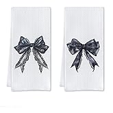 Cilrii Black Bow Bathroom Decor,Black Bows Towels,Gothic Bathroom Decor,Lace Kitchen Dish Towels,16 X 24 Set of 2
