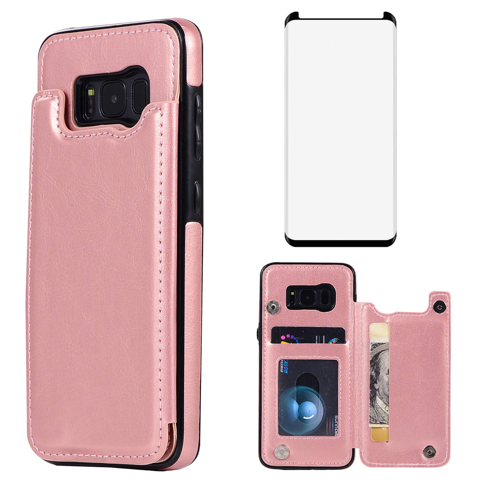Asuwish Compatible with Samsung Galaxy S8 Plus Wallet Case Tempered Glass Screen Protector Card Holder Stand Leather Flip Cell Phone Cases for Glaxay S8plus S 8 8plus 8S Edge S8+ SM-G955U Rose Gold