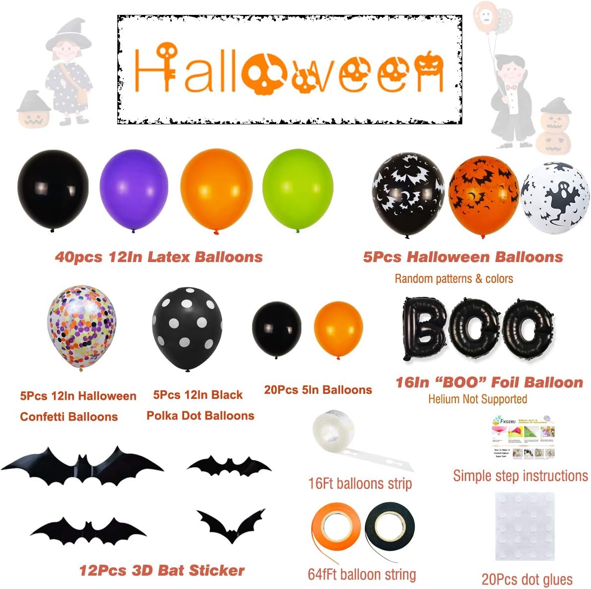 Halloween Balloons Garland Kit - 92 Pack Latex Balloons BOO Foil Confetti Balloon 3D PVC Bat Decoration Set for Halloween Party Decorations Supplies, Halloween Party Favors: Toys & Games