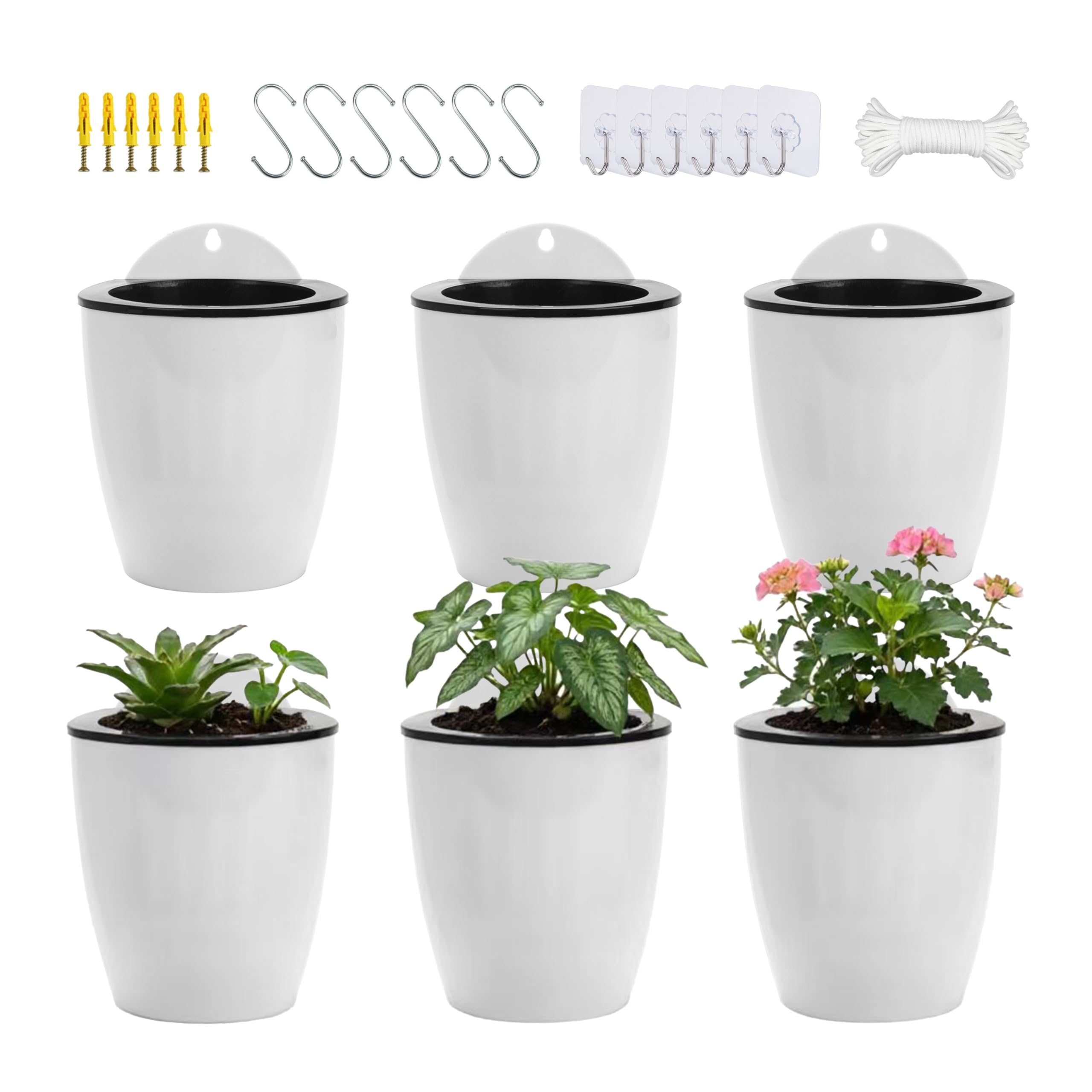 ORIMERC 6 Pack Self Watering Plant Pots Wall Hanging Basket Over Fence Planters Vertical Garden Hang Plastic Container Indoor Outdoor for Plants Flowers Succulent Living Herbs Holder White Medium
