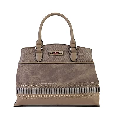 Nikky Eco Leather Brown Satchel Bag Top Handle Purse, Color Block Design Shoulder Bag