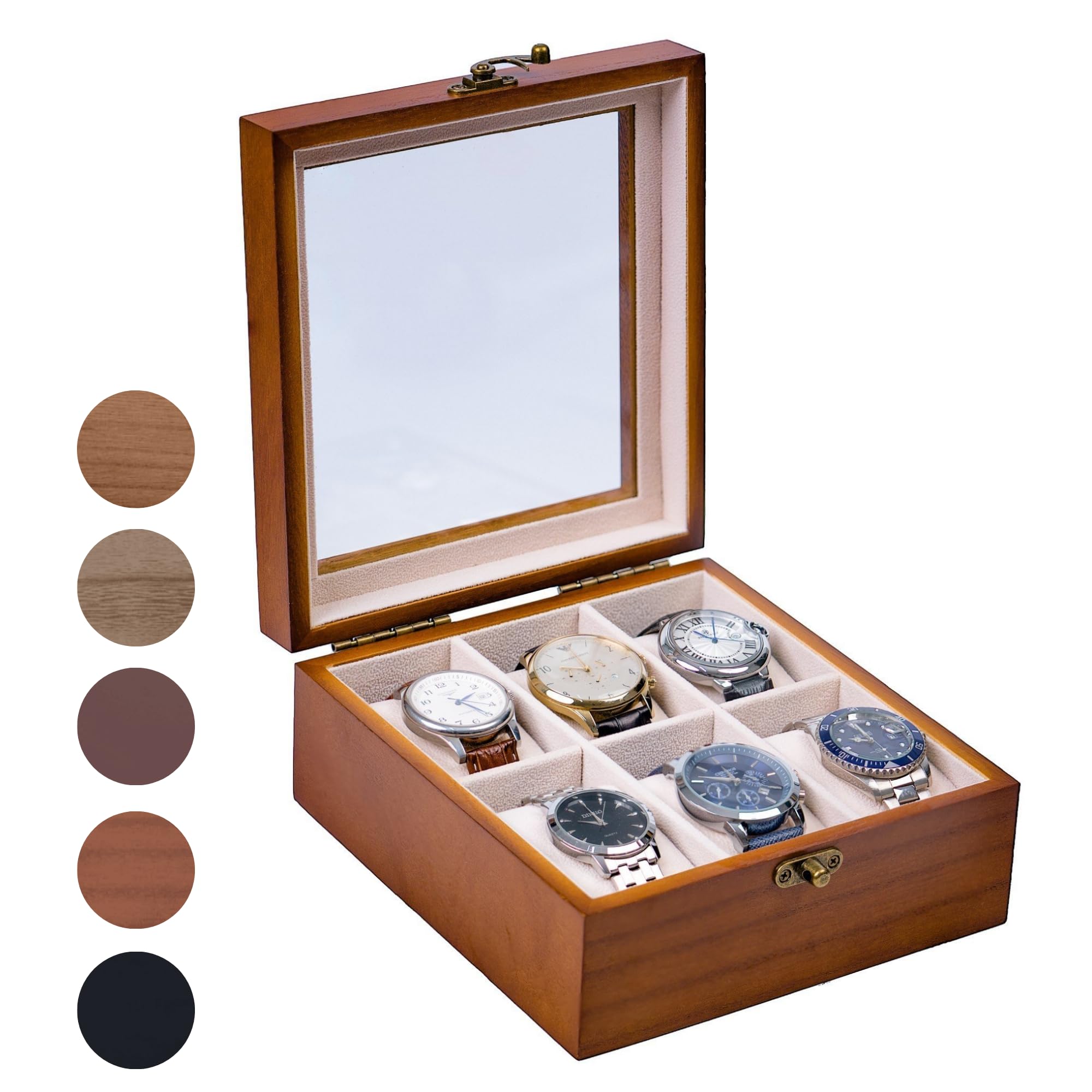 Photo 1 of Exper City Watch Box, Watch Case for Men Women with Large Glass Lid, Wooden Watch Display Storage Box with 6 - Slots, Classic Walnut 6x2 Mens Watch Box Organizer
