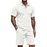 COOFANDY Men's Waffle Knit Polo Shirt and Shorts Set 2 Pieces Outfits Summer Suit Casual Tracksuit with Pockets