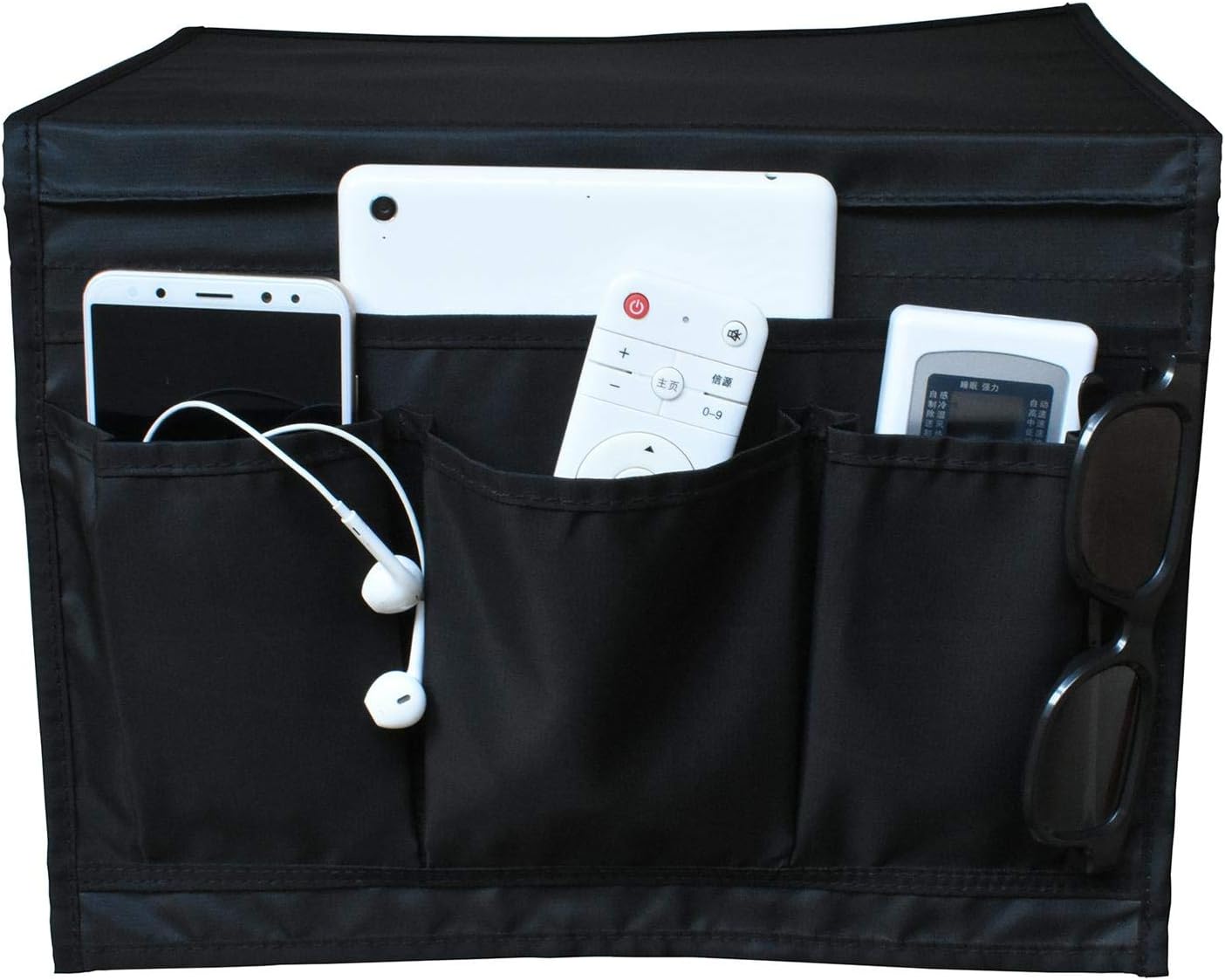 Bedside Storage Organizer/Beside Caddy/Table cabinet Storage Organizer for tablet Magazine Phone Remotes - All Within Arms Reach (Black-4 pocket)
