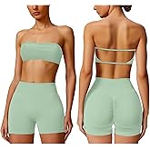 ABOCIW Workout Sets for Women Backless Bandeau Sports Bra Seamless Scunch Butt Lifting High Waist Biker Shorts Gym Set