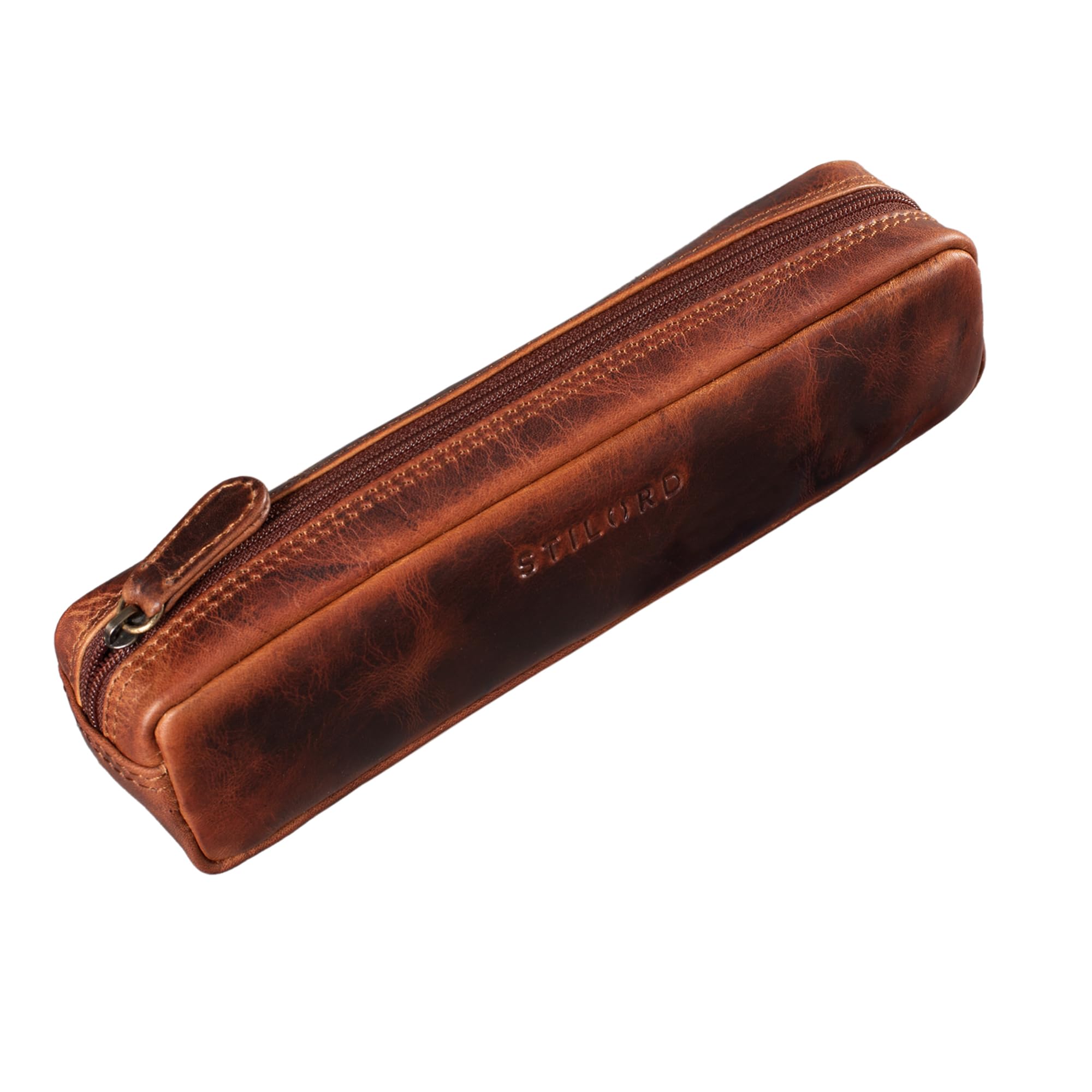 STILORD "Preston" Pencil Case Leather Vintage Pen Pouch Round Organiser Gift for Women Men Stationary Slim in Genuine Leather Colour:Kara - Cognac