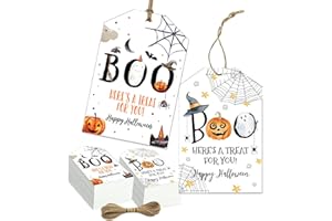 GREHUMOR 50Pcs Halloween Tags with String Halloween Trick or Treat Spooky Goodie Candy Ghost Tag Happy Boo Day Hanging Gift Label Cute Cartoon Name Cards Gift Wrapping for Halloween Party (Halloween)
