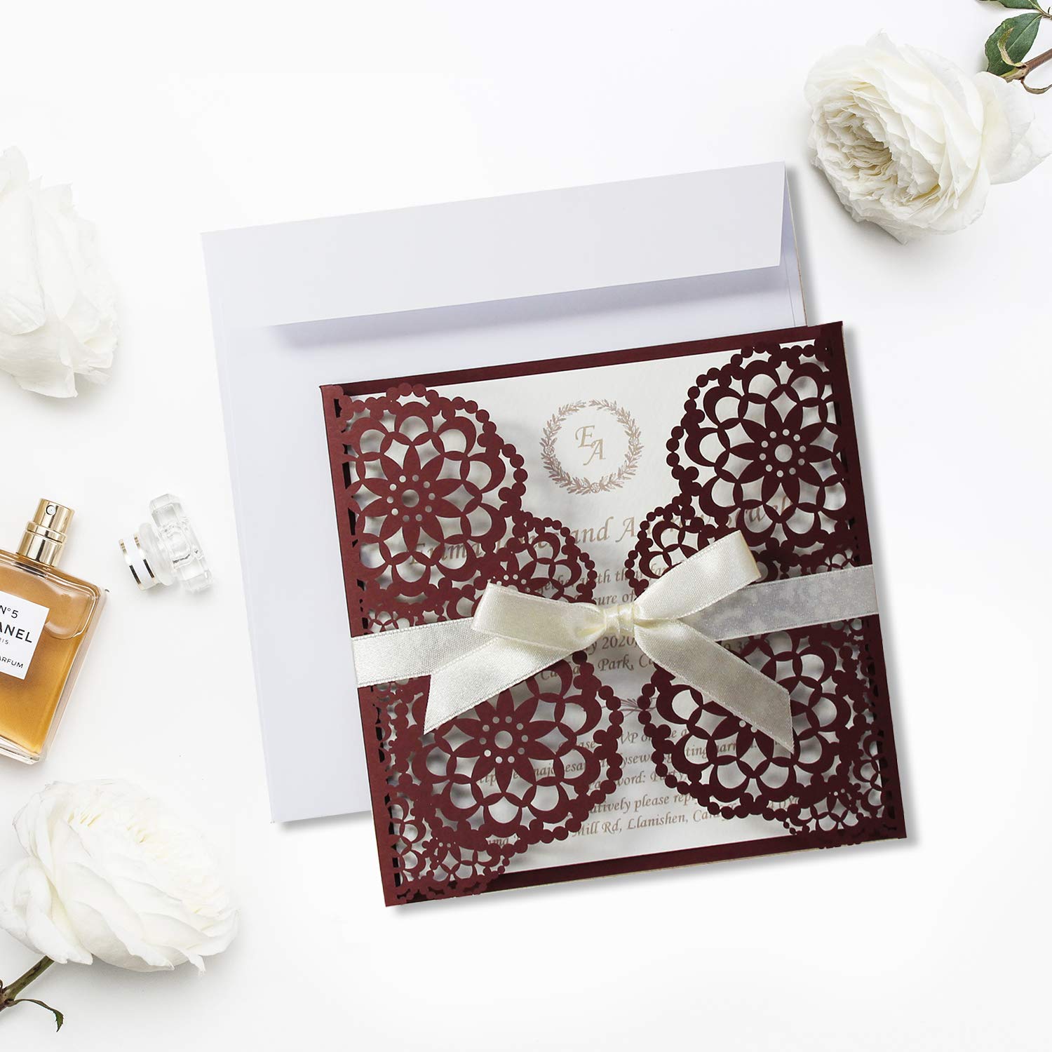 50 CARDS PACK Elegant Rose Wedding Invitations with Envelopes Laser cut