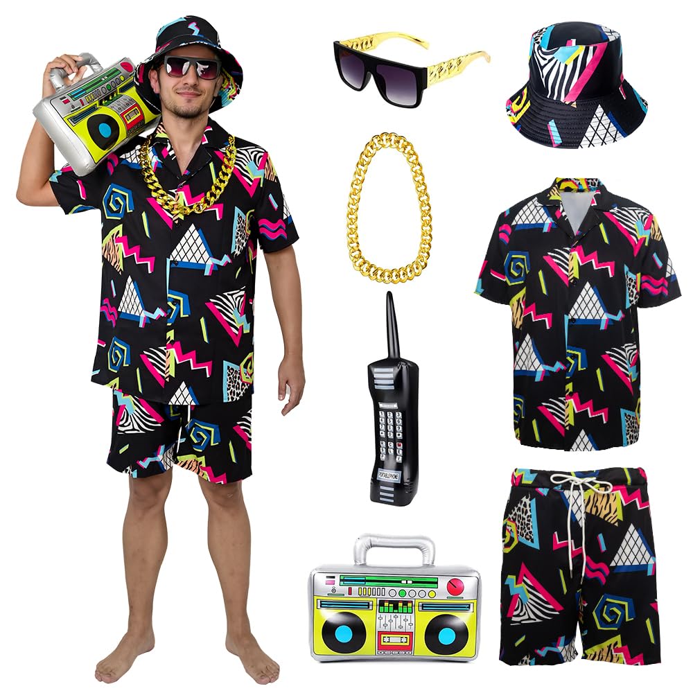 YQVGFBY 80s 90s Fancy Dress for Men 80s 90s Shell Suit Costume Men,Hip-hop T-shirts and Shorts Set, Sportswear, Disco,Carnival Costumes (Black, S)