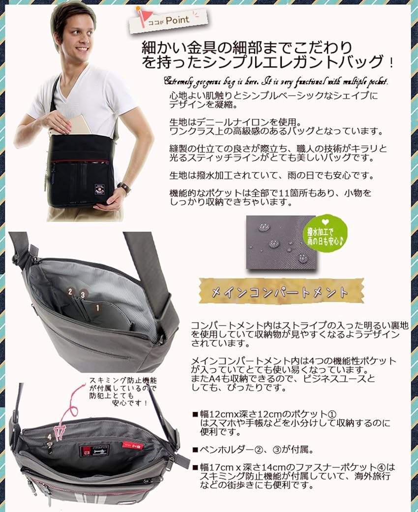 Amazon ショルダーバッグ 斜め掛け メンズ レディース 海外旅行 海外出張 通勤 ナイロン ポケット たくさん バッグ 黒 ブラック 軽量 ビジネス ストロンググレー Beside U ビサイユ タウンリュック ビジネスリュック