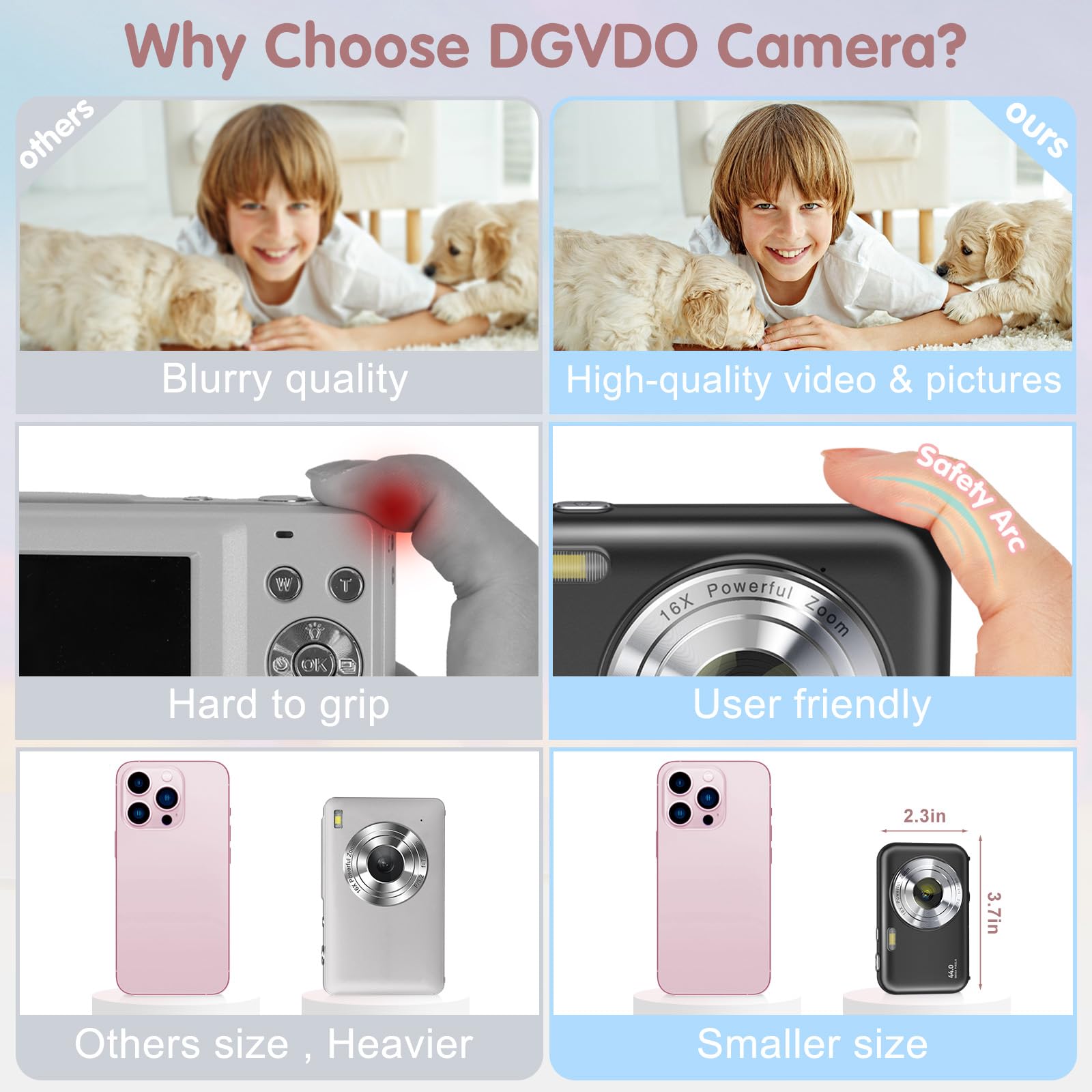 Digital Camera, FHD 1080P Digital Camera for Kids with 32GB Card, Vlogging Camera for Video Anti-Shake, Portable Point and Shoot Camera Fill Flash 16X Zoom, Small Camera for Travel—Black