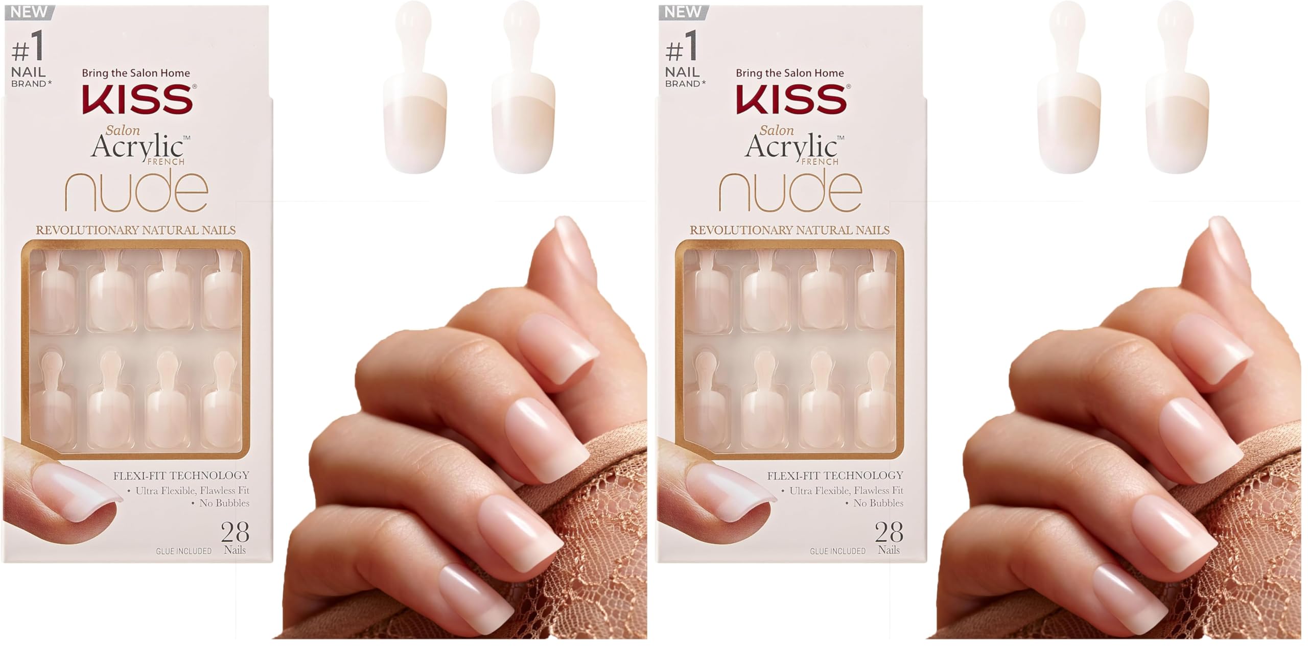 KISS Salon Acrylic Press On Nails, Nail glue included, Breathtaking’, French, Real Short Size, Squoval Shape, Includes 28 Nails, 2g Glue, 1 Manicure Stick, 1 Mini file (Pack of 2)