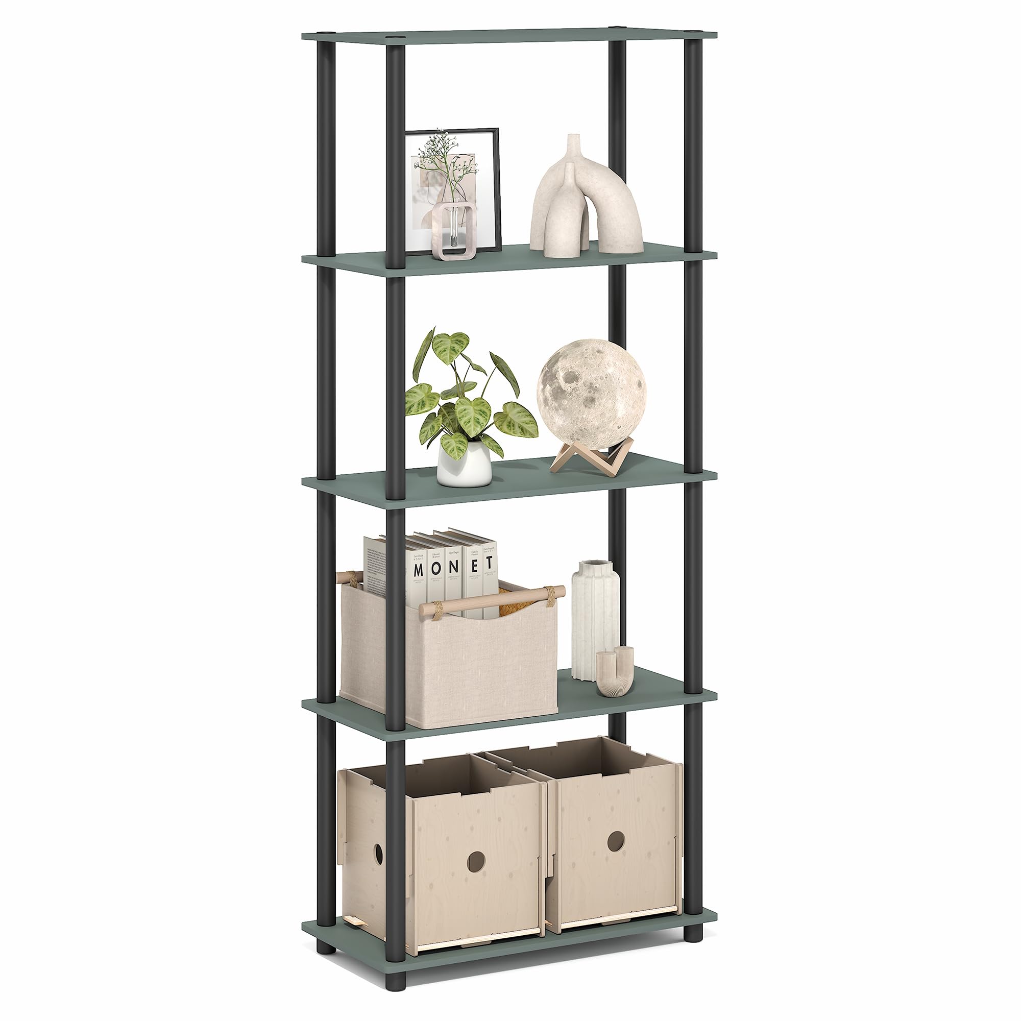 Furinno Turn-N-Tube Storage Shelves, 5-Tier Book Shelf, Corner Shelf, Toolless Open Shelves, for Organization and Storage, Living Room, Garage, Home Office, Sage Green Image
