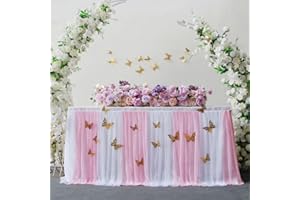 Albassa Pink Tulle Table Skirt 6ft Pink Tutu Table Skirt Baby Shower Tablecloth for Princess Girl Butterfly Elephant Birthday Party Decorations