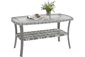 Outsunny Outdoor Coffee Table with Storage Shelf, PE Wicker Rattan Rectangle Patio Table with Water Ripple Tempered Glass Top