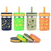 Sursip Stainless Steel Toddler Cups with Straws and Lids, Spill Resistant Sippy Cup Kids Tumbler with Silicone Straws for Smoothie, Drinking, Snacks, BPA-Free, Dishwasher Safe - 10 oz (4 Packs)