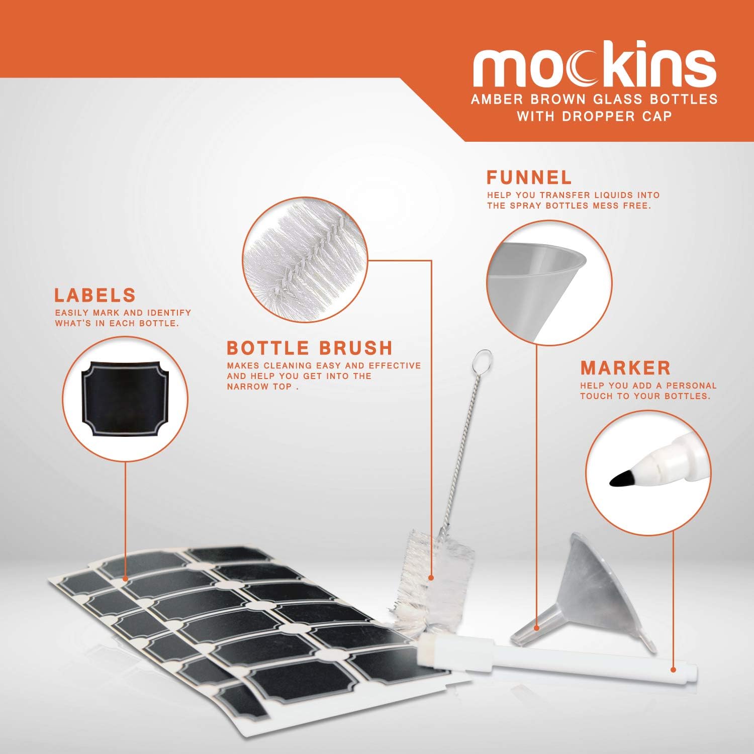 Mockins 24 pack Amber 2 Oz Glass Dropper Bottles | The Amber Glass Bottles Includes a Dropper & Funnel and Brush with Bonus Labels to Mark Each One: Home Improvement