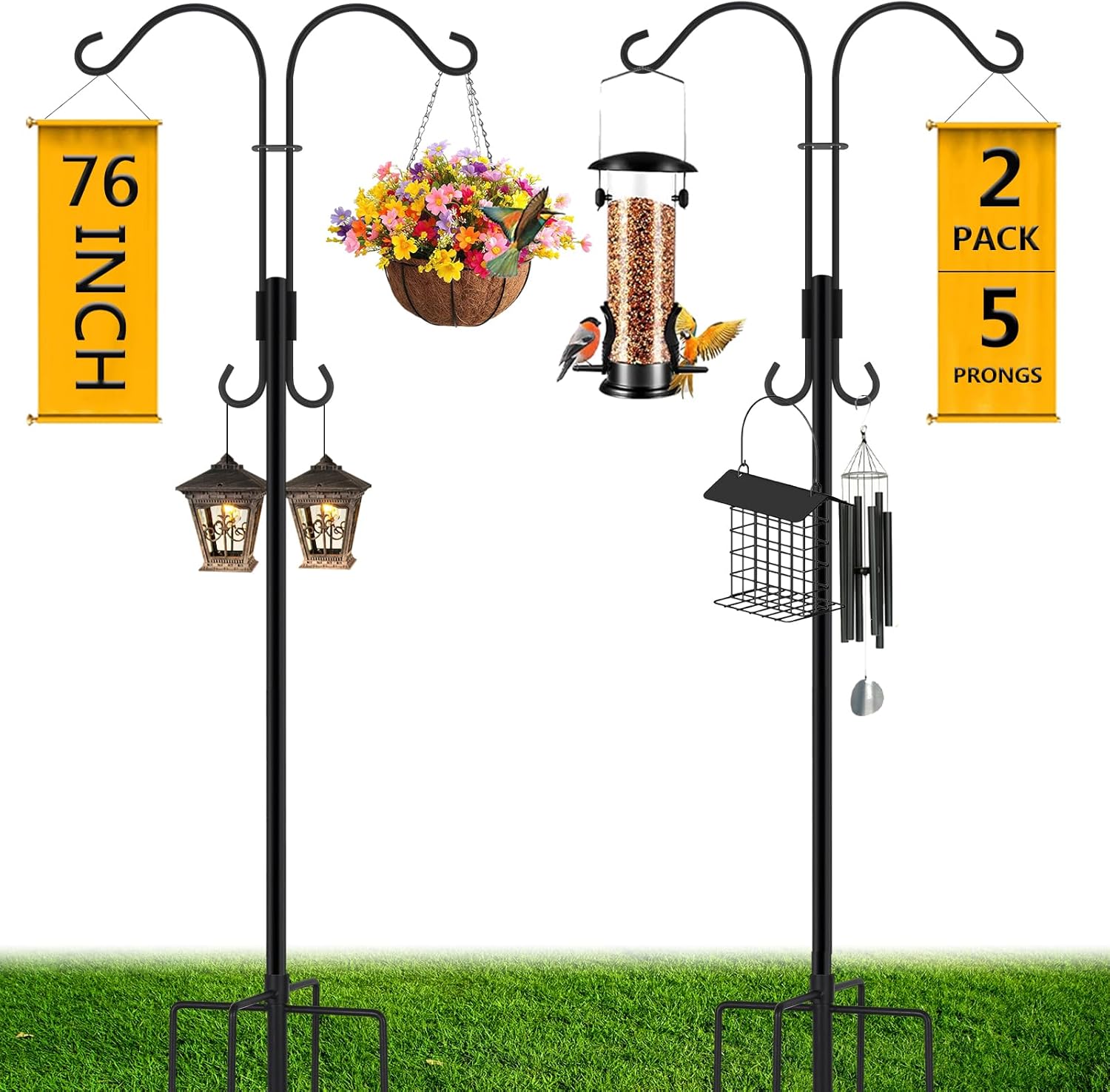 Outdoor Shepherd's Hooks - Double Shepherds Hooks For Outdoor,2-Pack Adjustable Bird Feeder Pole With 5 Prongs,Heavy Duty Tall Garden Hook for Bird Feeders,Outside,Hanging Plants,Solar Lanterns,Hummingbird Feeder Stand(76 Inch)