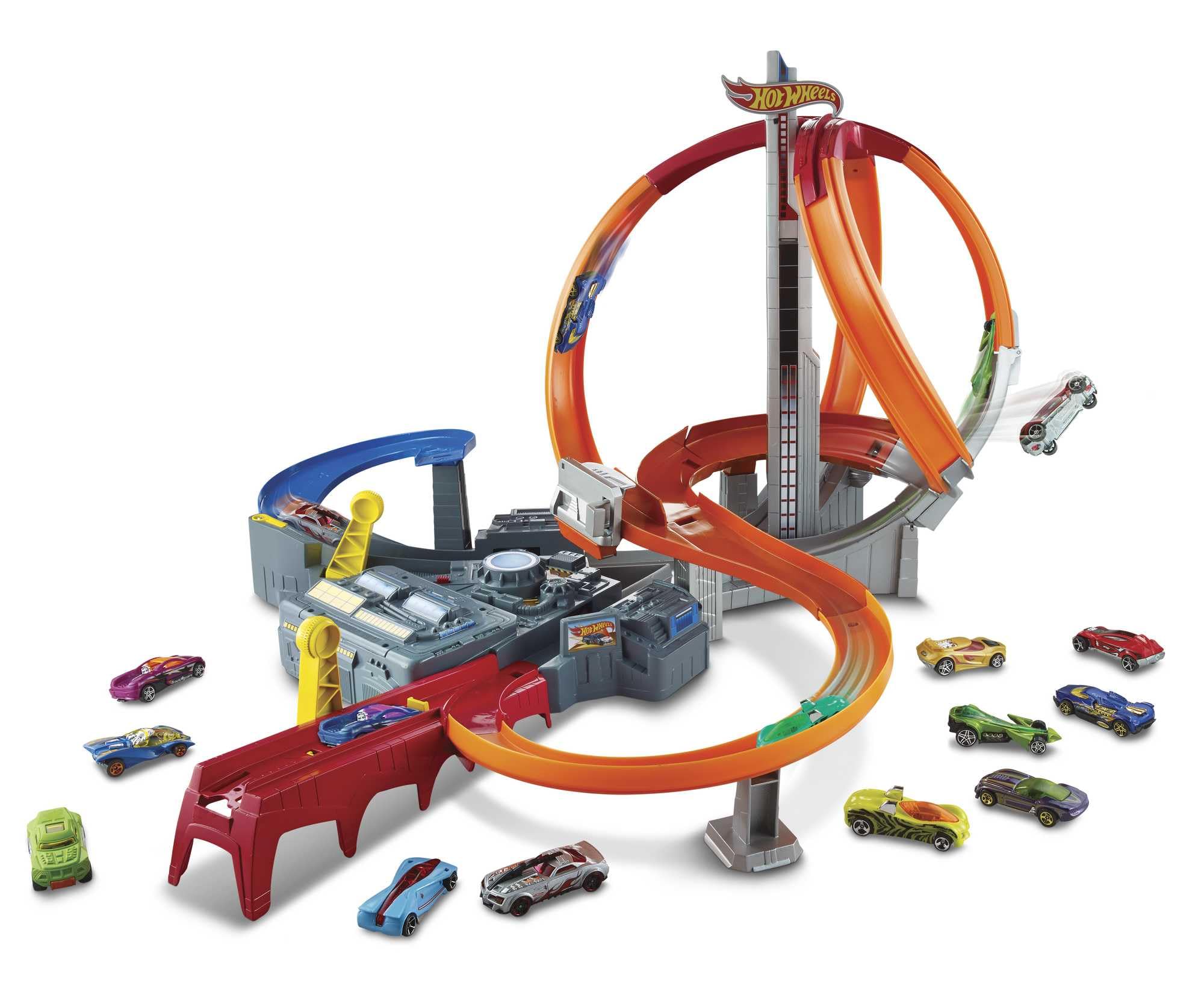 Photo 1 of Hot Wheels Track Set Spin Storm, 3 Intersections for Crashing & Motorized Booster, 1:64 Scale Toy Car (Amazon Exclusive)