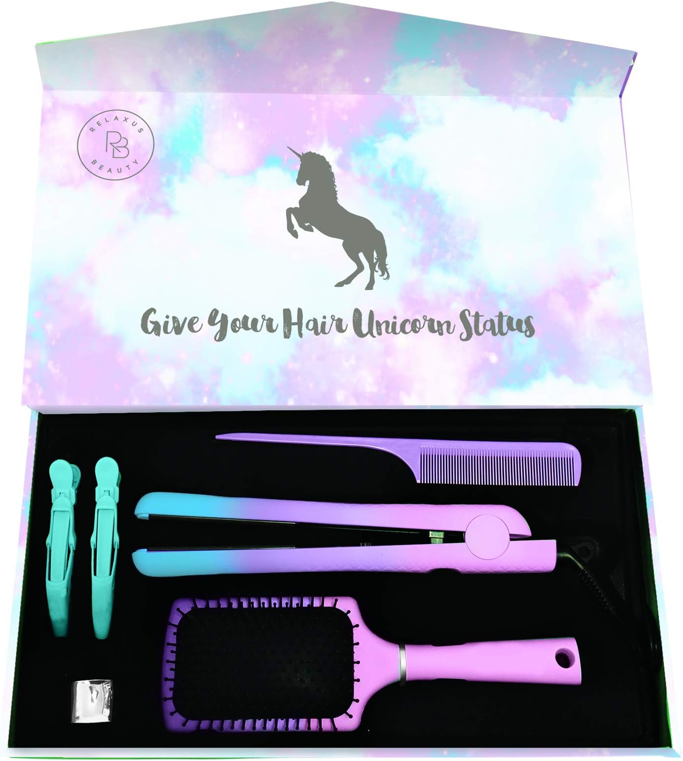 Relaxus Beauty Deluxe Unicorn Hair Styling Set. Ceramic Straightener, Brush, Clips and More. Bring The Salon to Your Home!