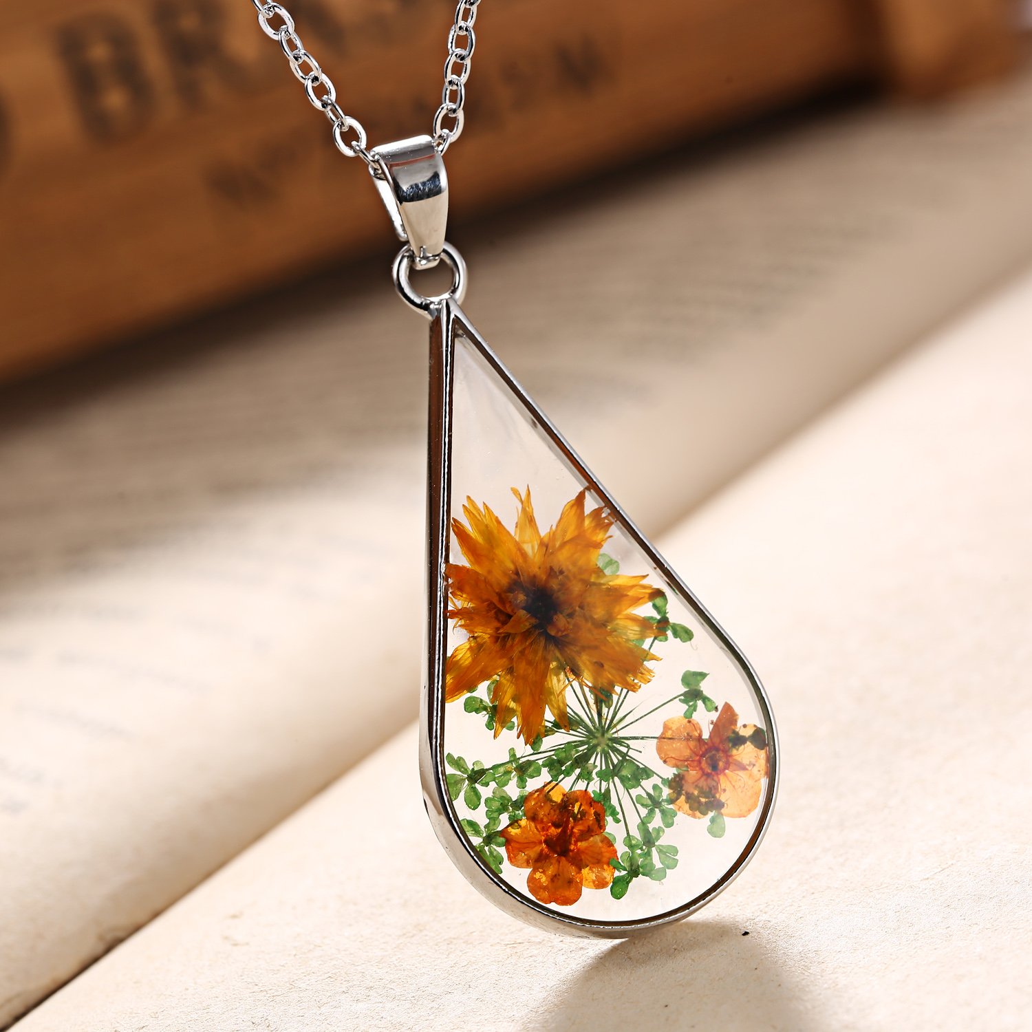 Rinhoo Silver Plated Handmade Real Dry Pressed Flower Cross Bar Shape Pendant Necklace Women Girls Jewelry (Teardrop(Yellow))